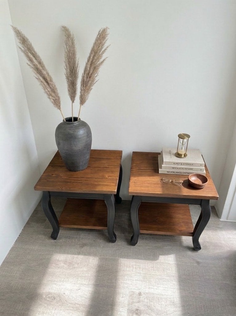 Bijzet tafels | set van 2 | 45x45x45cm | Mat zwart/noten, Huis en Inrichting, Minder dan 55 cm, Landelijk | Hotel chic, Zo goed als nieuw