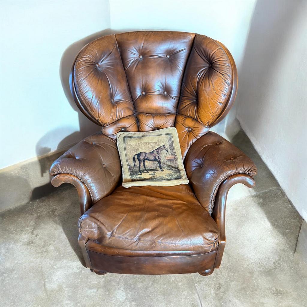 Vintage Leren Fauteuil - Chesterfield Stijl, Huis en Inrichting, Fauteuils, Ophalen, Gebruikt, Leer, 75 tot 100 cm