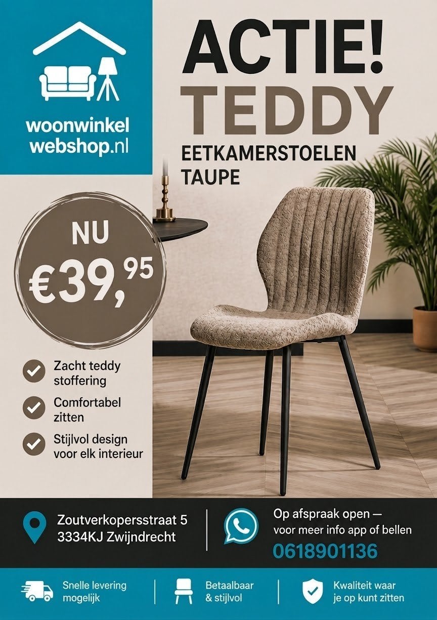 Teddy Eetkamerstoelen Taupe - Zacht & Stijlvol, Ophalen of Verzenden