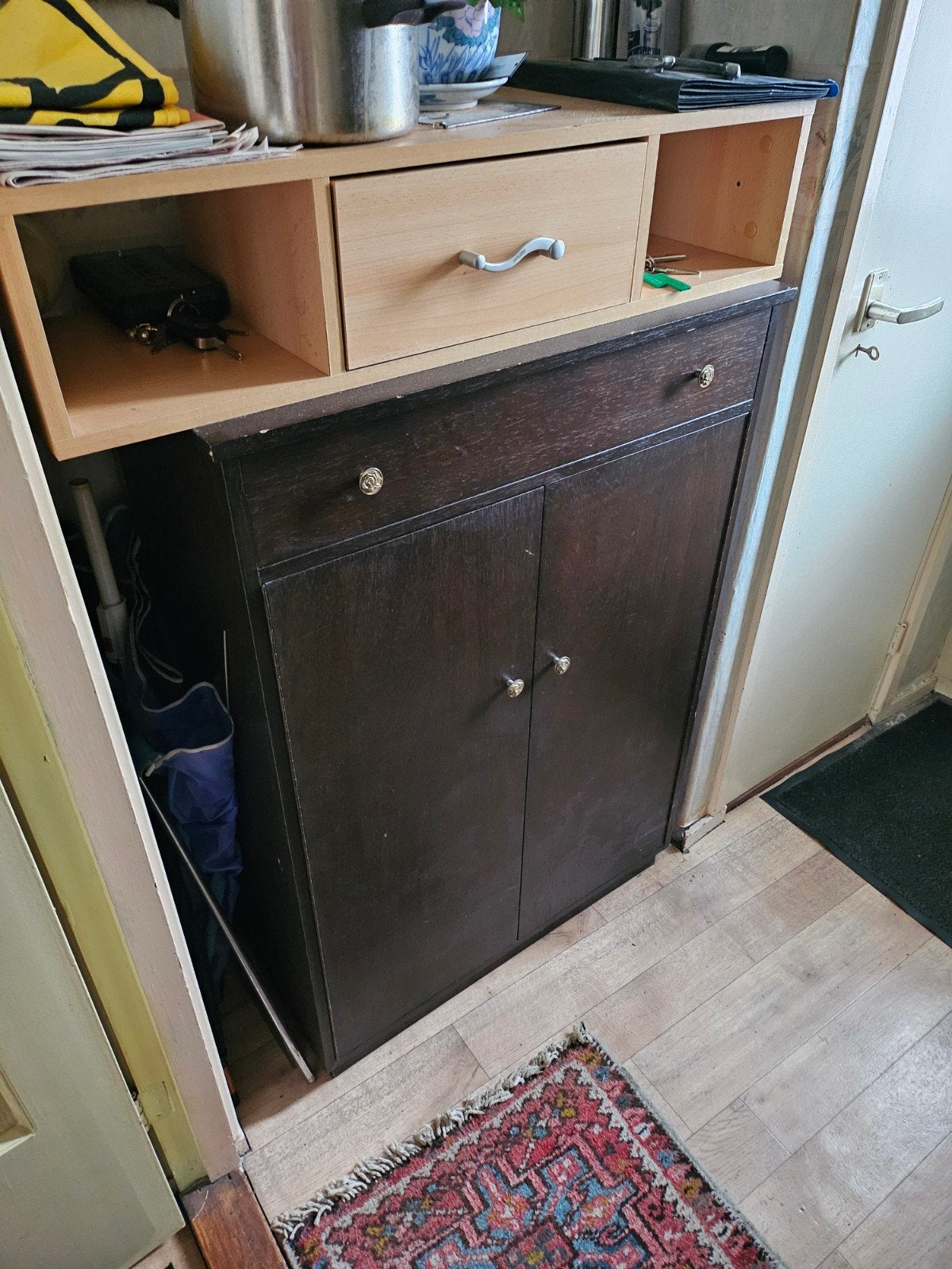Schoenenkast met lade en opbergvakken Donker Bruin, Huis en Inrichting, Kasten | Schoenenkasten, Ophalen, Gebruikt, Functioneel en klassiek