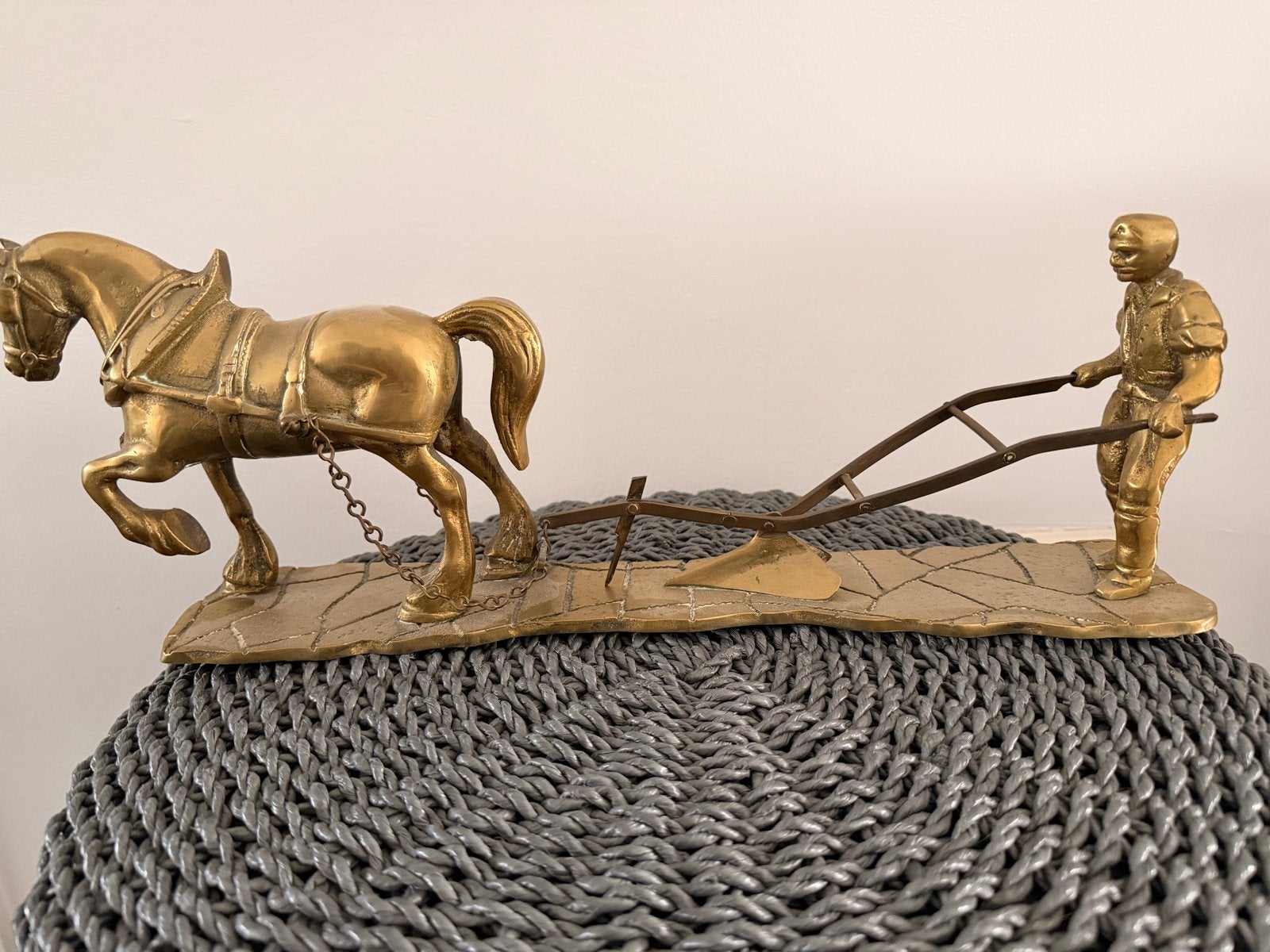 Vintage Koperen Beeld: Boer met Paard en Ploeg, Ophalen, Koper