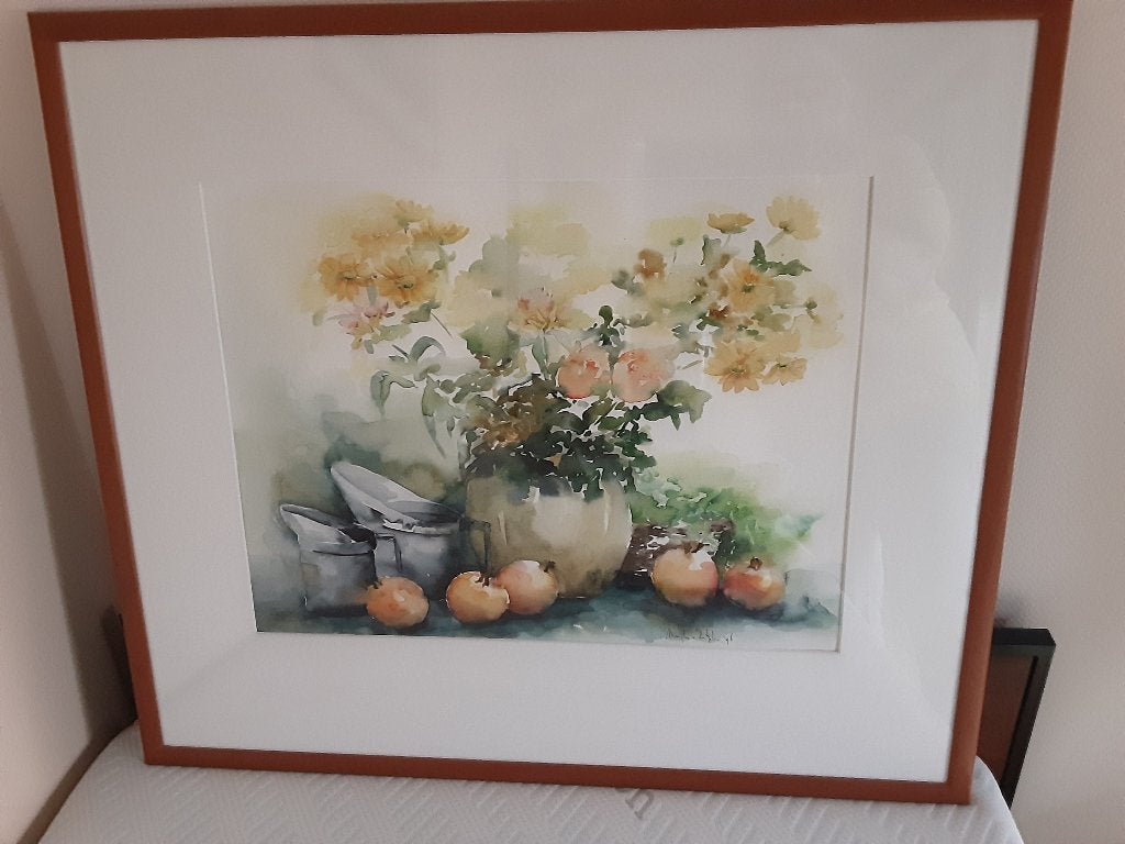 Sfeervol Aquarel bloemstilleven door Marijke van Zutphen, Gedateerd, Aquarel, Papier, Ophalen