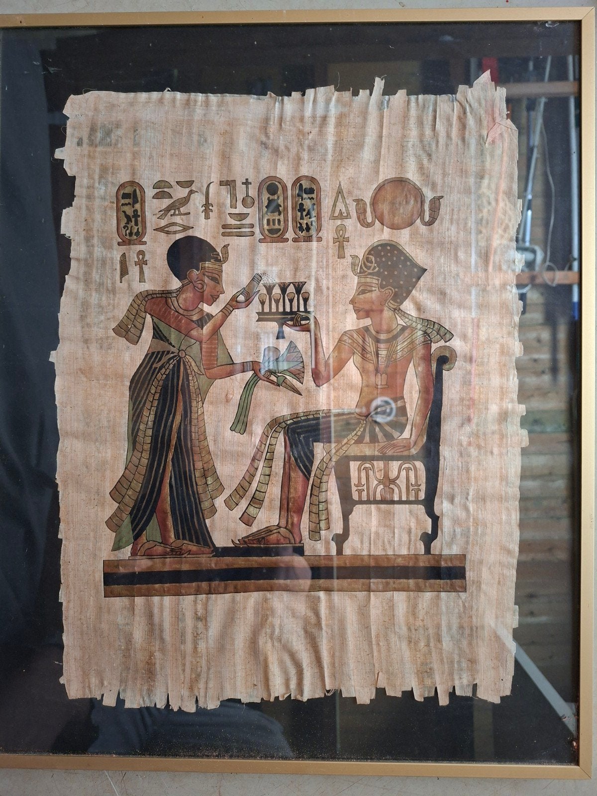 Ingelijste Egyptische Papyrus Print - Farao en Godin, Antiek en Kunst, Kunst | Tekeningen en Foto's, Print, Print/reproductie