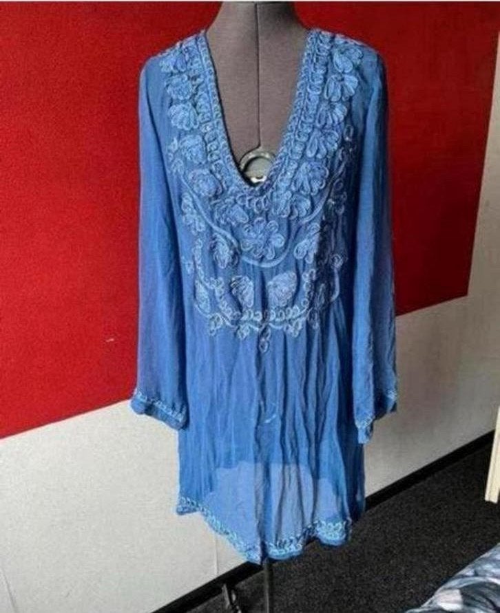 Korenblauwe voile tuniek van Hunza maat M /L. ZGAN, Ophalen of Verzenden, Zo goed als nieuw, Maat 42/44 (L), Blauw