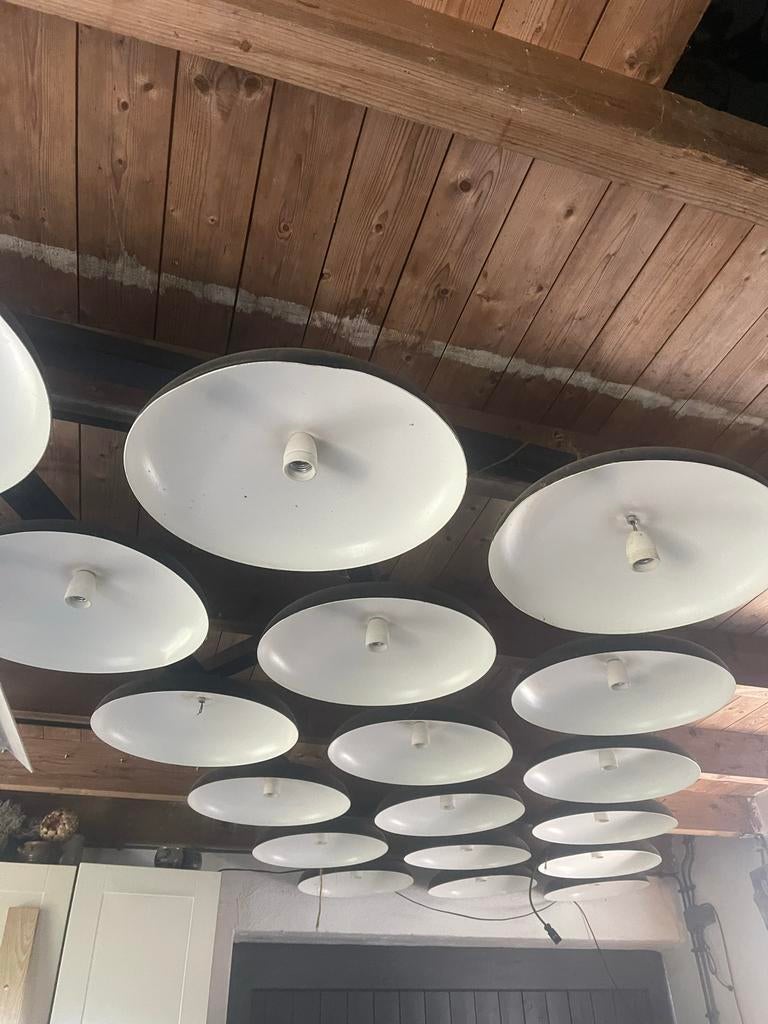 Theaterlamp vintage met diverse kappen op 1 balksysteem, Antiek en Kunst, Antiek | Lampen, Ophalen