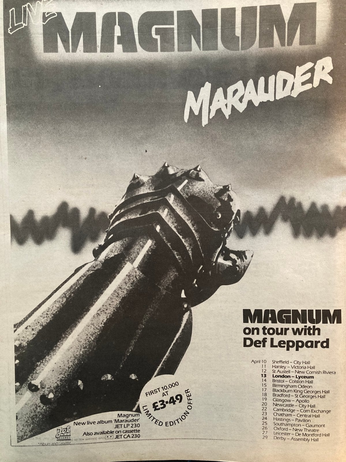 Paginagrote A3 advertentie MAGNUM Marauder tour, Ophalen of Verzenden, Gebruikt
