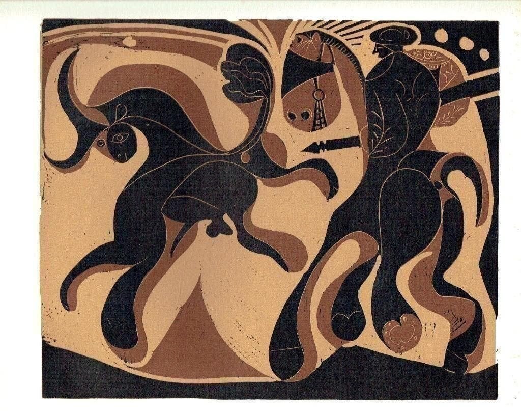 Picasso Picador and Fleeing Bull Linocut, Antiek en Kunst, Verzenden, Houtsnede