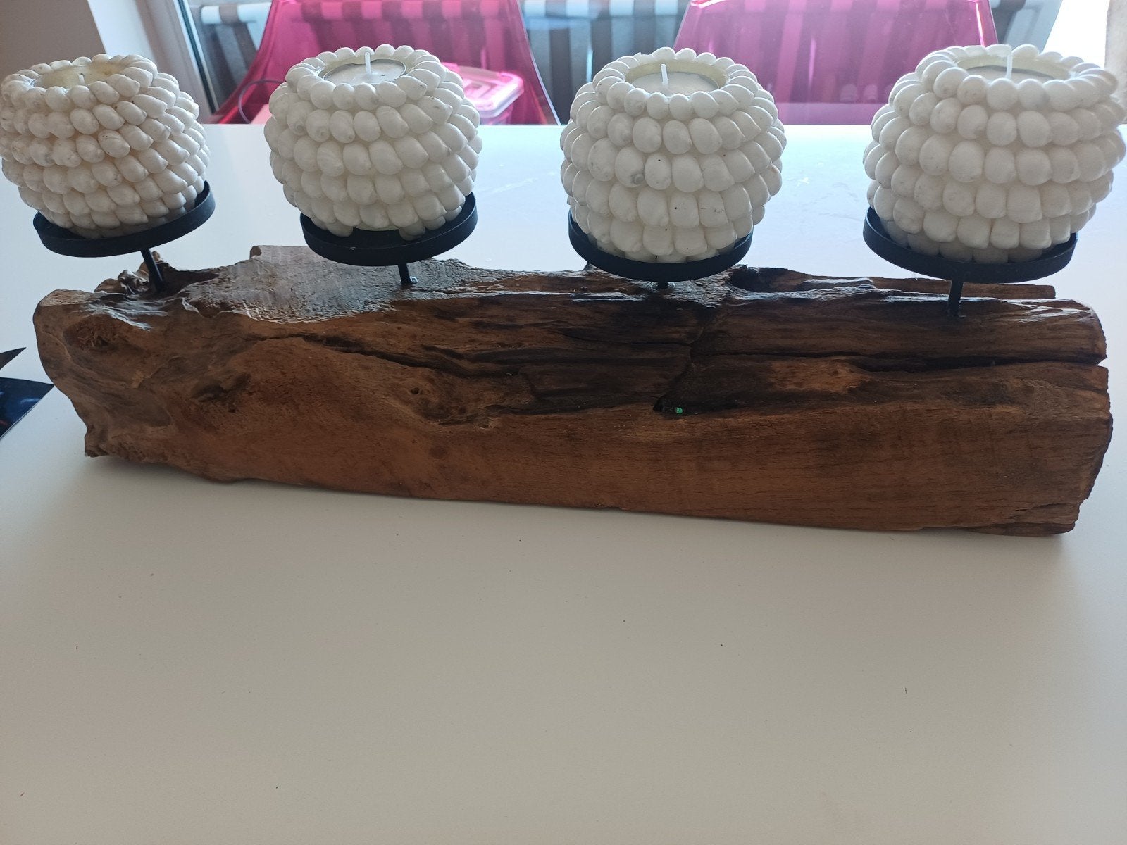 Houten kandelaar met 4 waxinelichthouders, Gebruikt, Bruin, Ophalen of Verzenden, Kandelaar