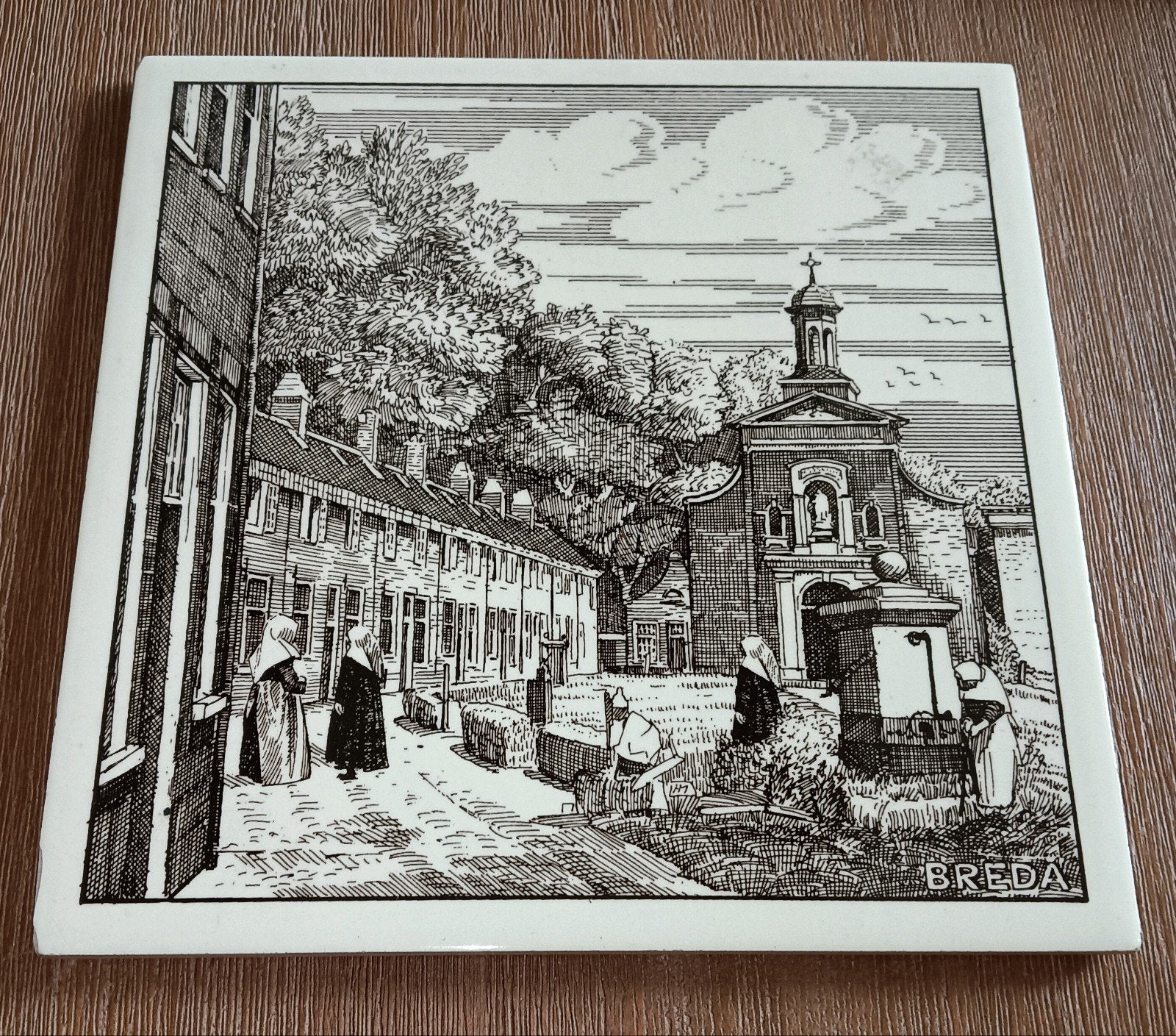 Vintage Tegel Breda Begijnhof - Zwart-wit tafereel, Ophalen of Verzenden