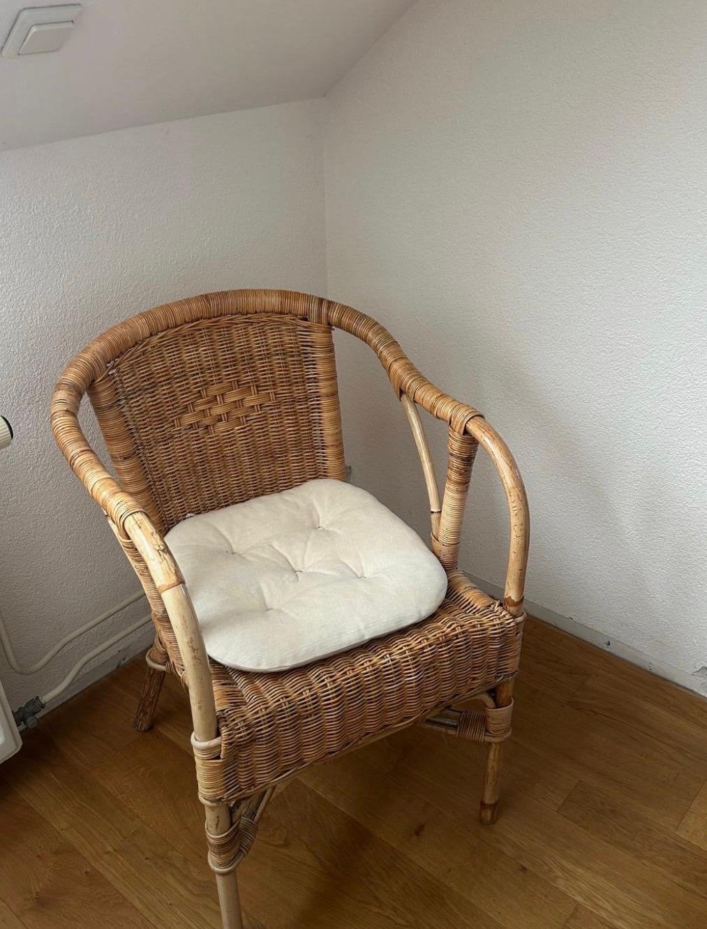2 Rotan stoelen met kussens, Gebruikt, Twee, Bruin, Riet of Rotan