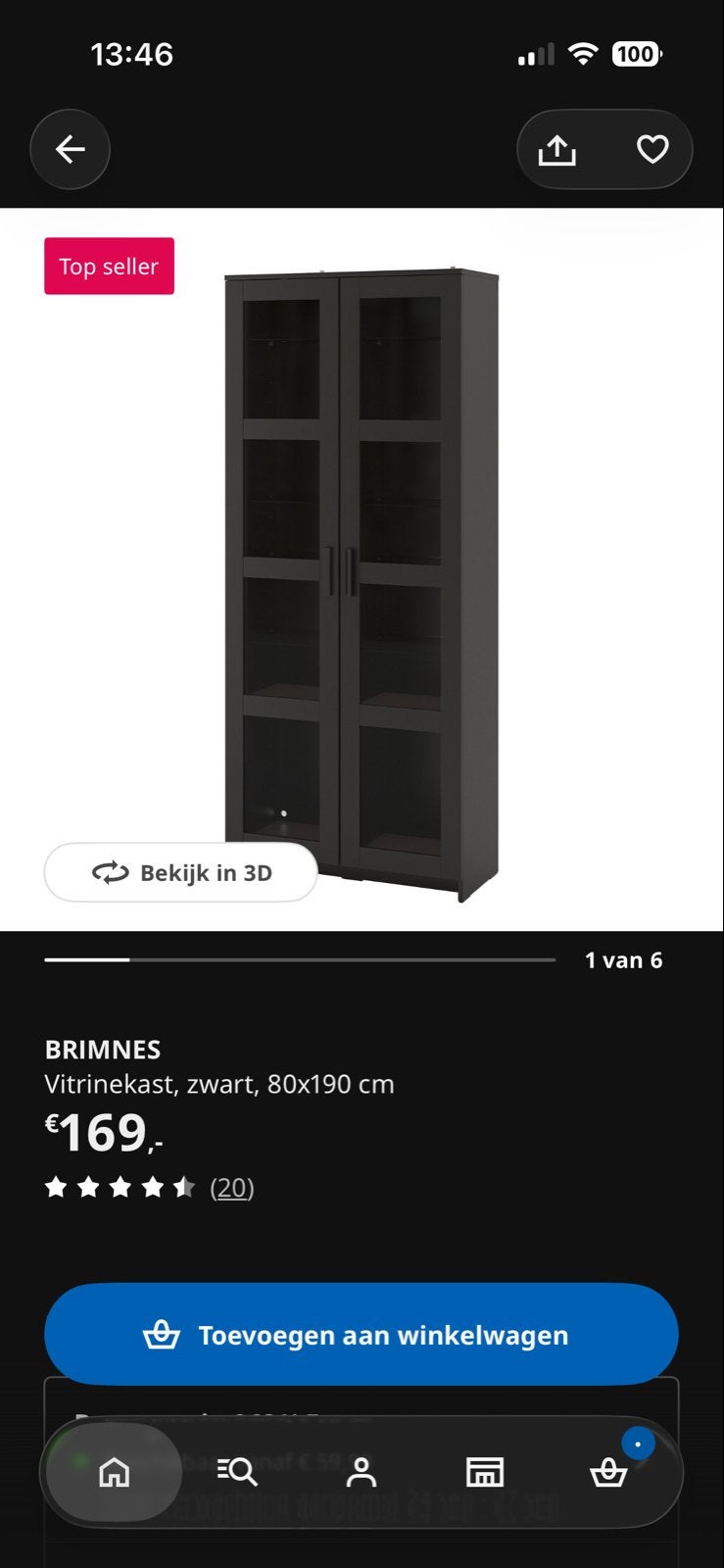 BRIMNES Vitrinekast zwart, 80x190 cm, Huis en Inrichting, Ophalen, 50 tot 100 cm, Zo goed als nieuw, 150 tot 200 cm