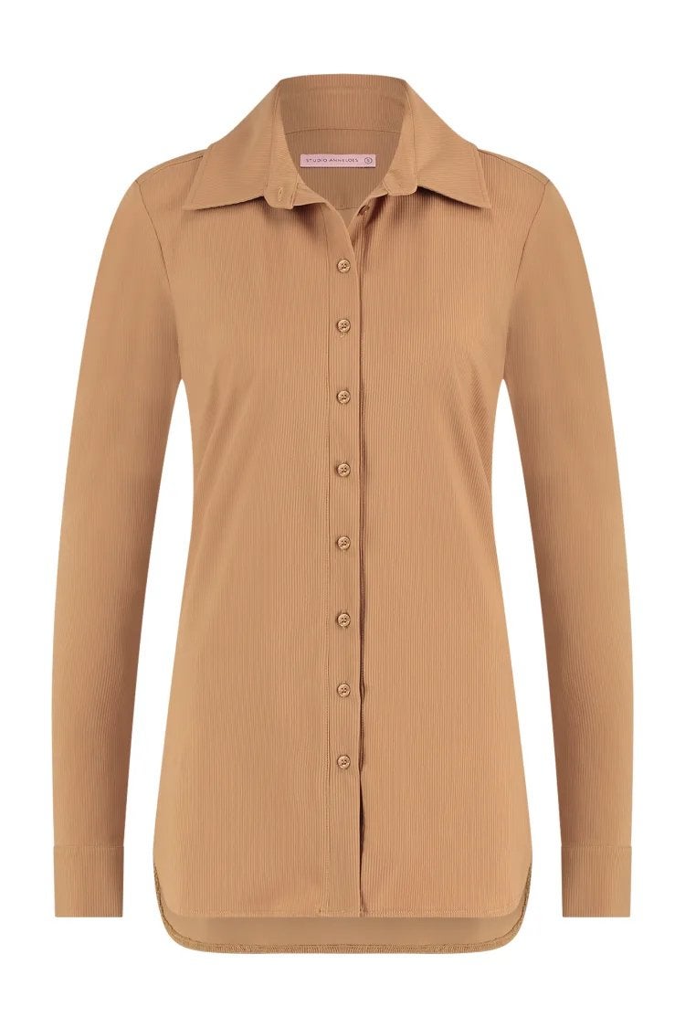 Studio anneloes poppy rib blouse M camel travelstof, Kleding | Dames, Bruin, Maat 42/44 (L), Ophalen of Verzenden, Zo goed als nieuw