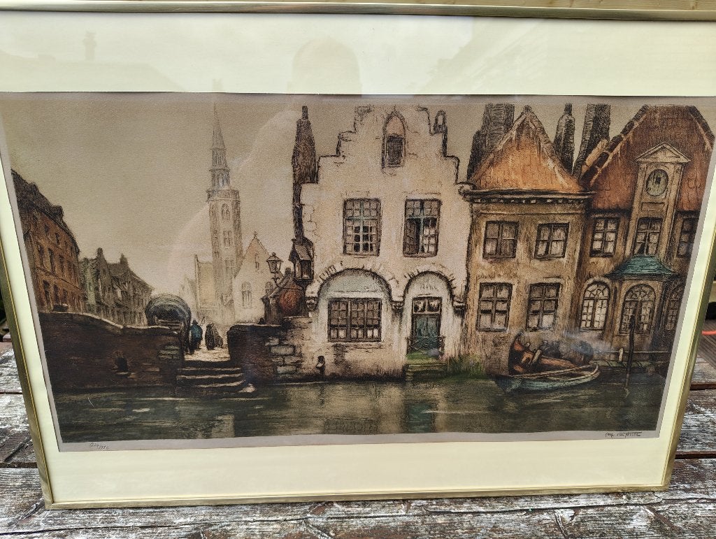 Gesigneerde en genummerde ets van Brugge, Ophalen, 70 cm, Stadsgezicht, 51 cm