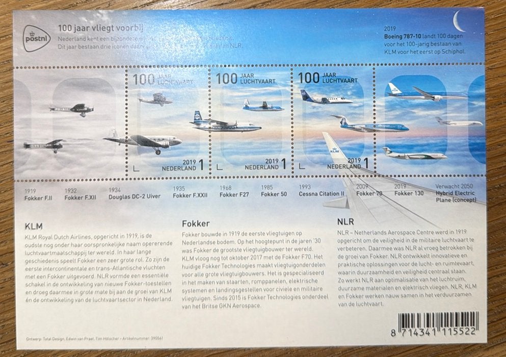 Postzegels pf. 100 jaar vliegt voorbij. KLM- Fokker- NLR, Ophalen of Verzenden, Na 1940, Postfris