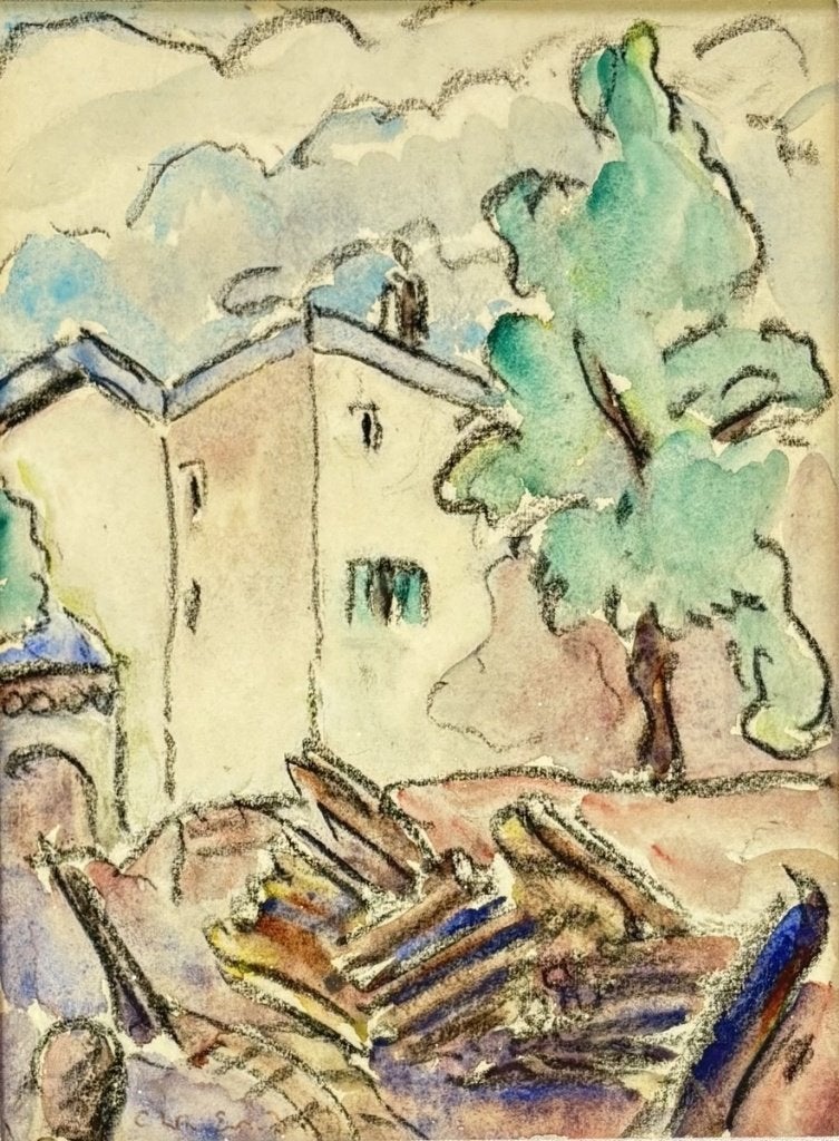83. Aquarel, modernisme - huis met boom, 20e eeuw, Antiek en Kunst, Kunst | Schilderijen | Modern, Ophalen