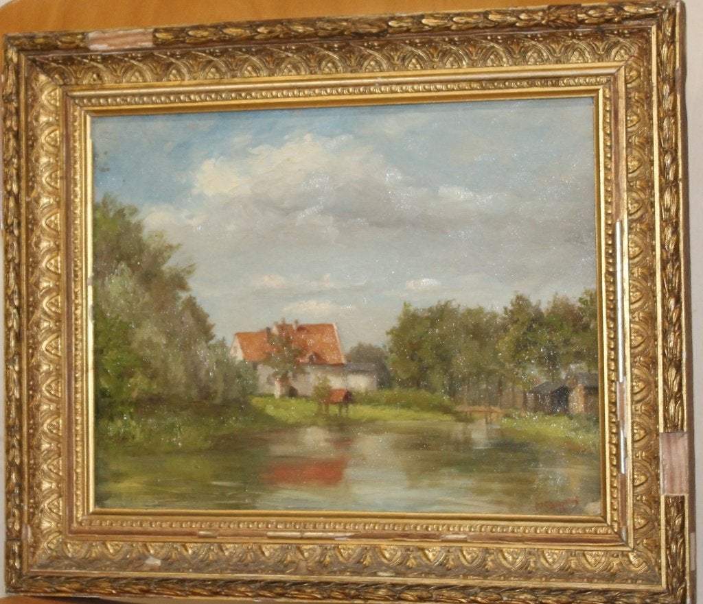 No 49 Olieverfschilderij: Landschap met huis aan het water, Realistisch, Landschap, Olieverf, Origineel werk