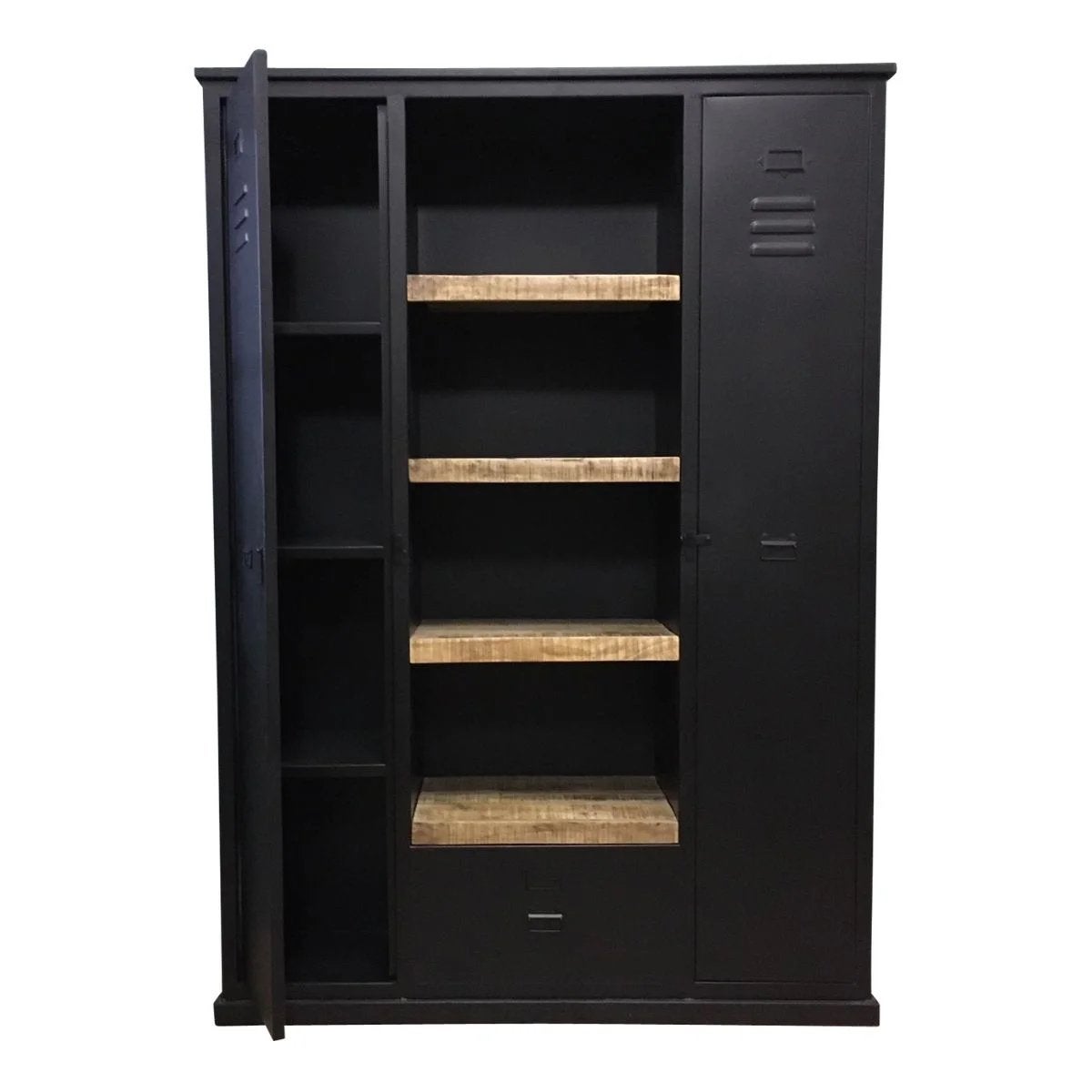 Zwarte lockerkast met houten elementen - 200x140cm, Ophalen, Zo goed als nieuw, Industrieel, mango, mangohout, zwart staal, locker