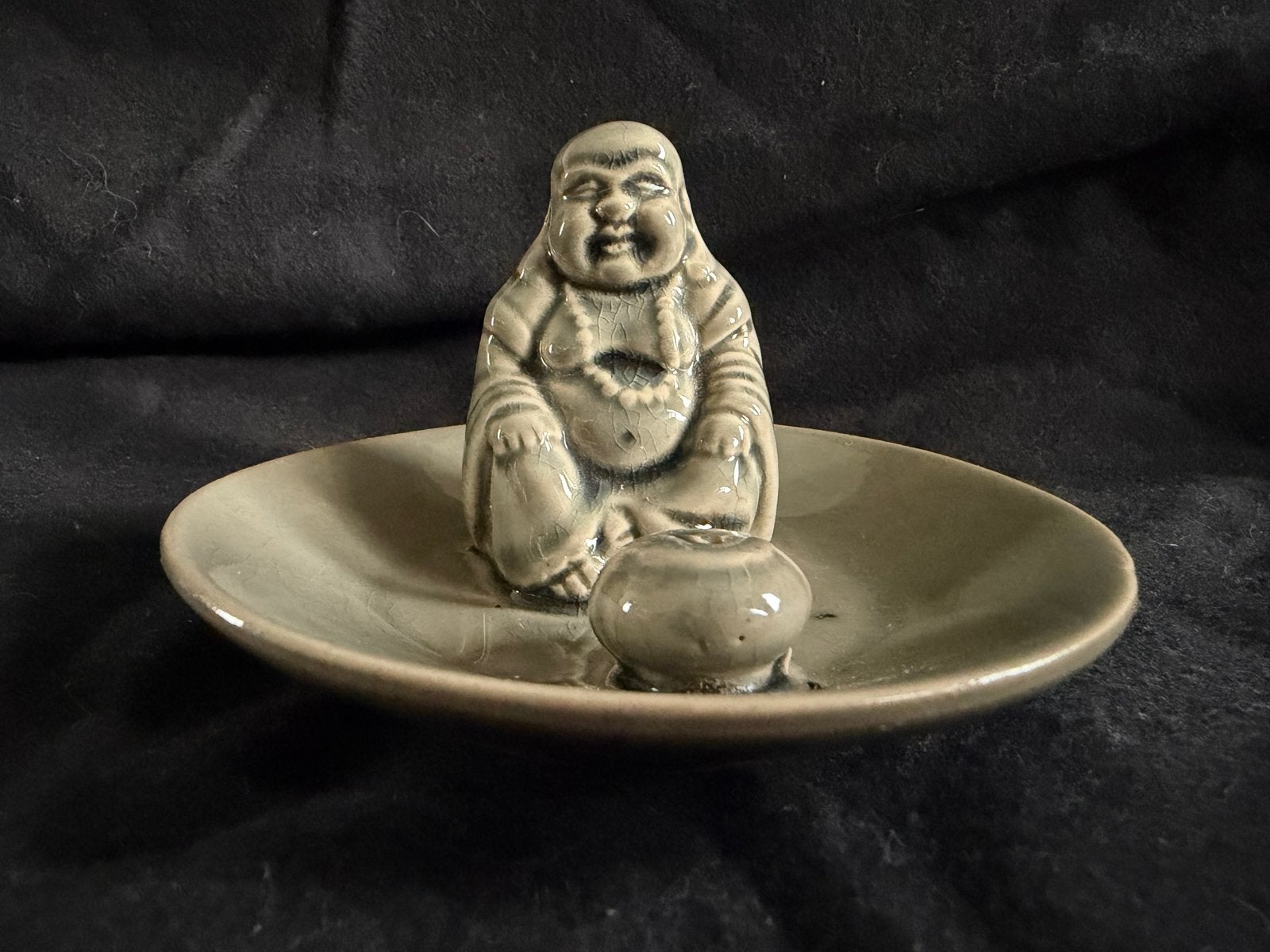 Vintage wierookbrander Lachende Boeddha celadon, Vintage, Gebruikt, Verzenden, Grijs
