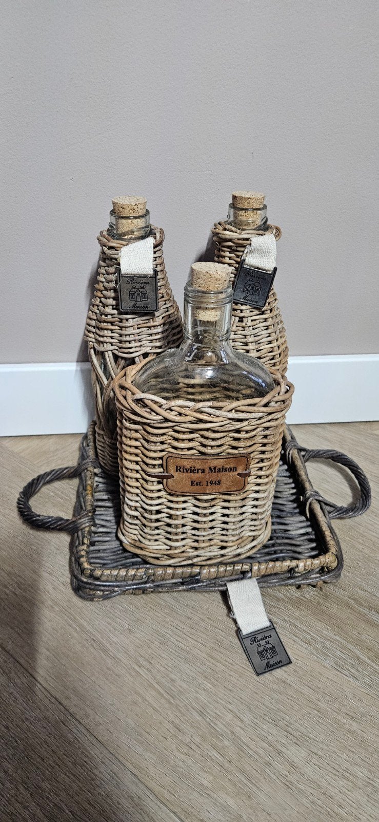 Riviera Maison Rustic Rattan flessenset met dienblad, Ophalen, Natuurlijk materiaal, Bruin, Landelijk