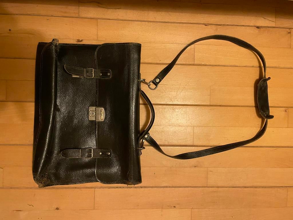 Vintage Zwarte Leren Tas Jaren '80 - Handvat & Schouderband, Sieraden, Tassen en Uiterlijk, Tassen | Damestassen, Ophalen of Verzenden