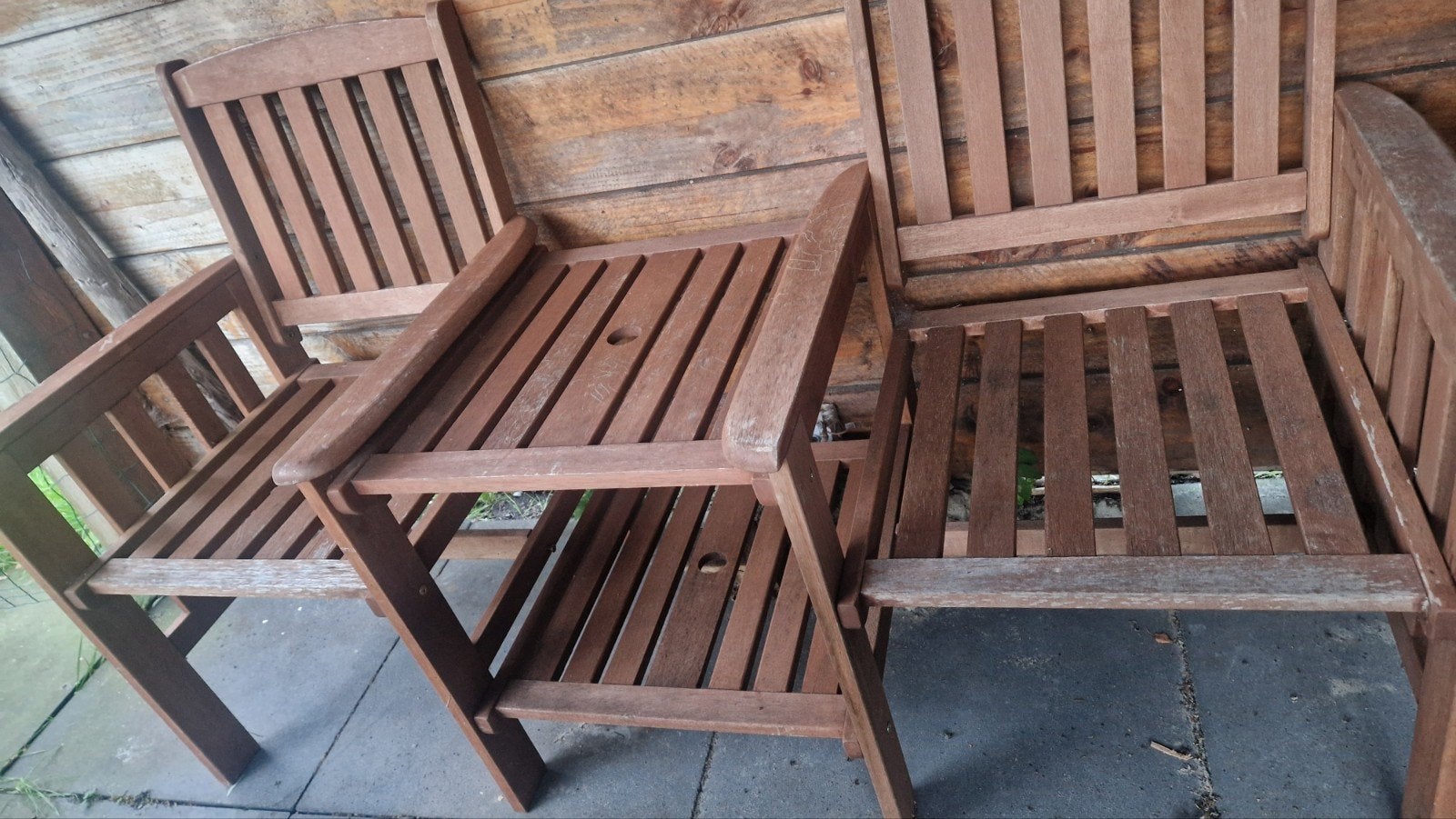 Stevige houten tuinstoelset (Meranti), Tuin en Terras, Gebruikt, Bijzettafel, Hardhout, Tuinset
