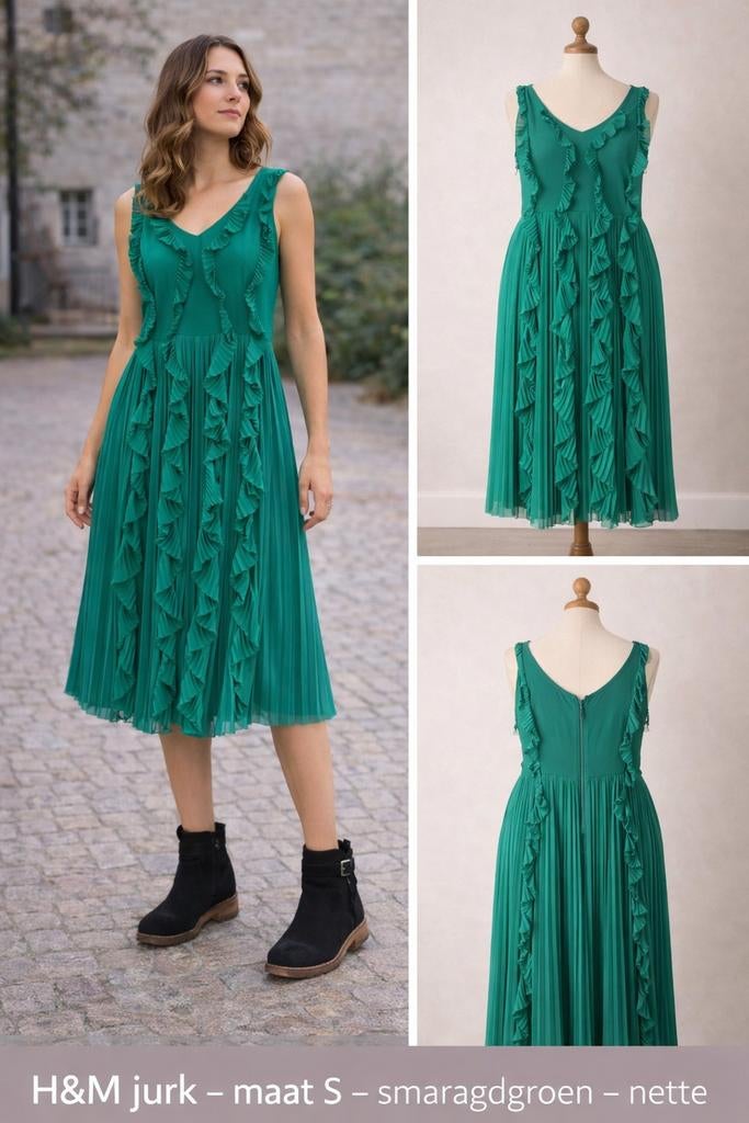H&M groene plissé jurk met ruches – maat S – feestelijk, Kleding | Dames, Gelegenheidskleding, Ophalen of Verzenden, Zo goed als nieuw
