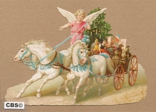 Engel op ponywagen met kerstgeschenken poezieplaatjes 5126, Verzamelen, Ophalen of Verzenden