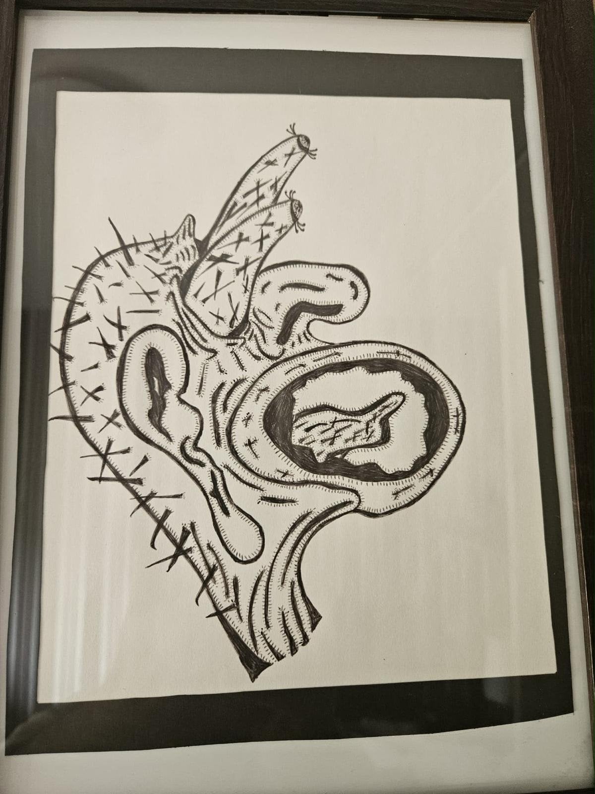 Abstracte Pen- en Inkttekening in Lijst, Antiek en Kunst, Ophalen, Tekening, Pentekening, Ingelijst