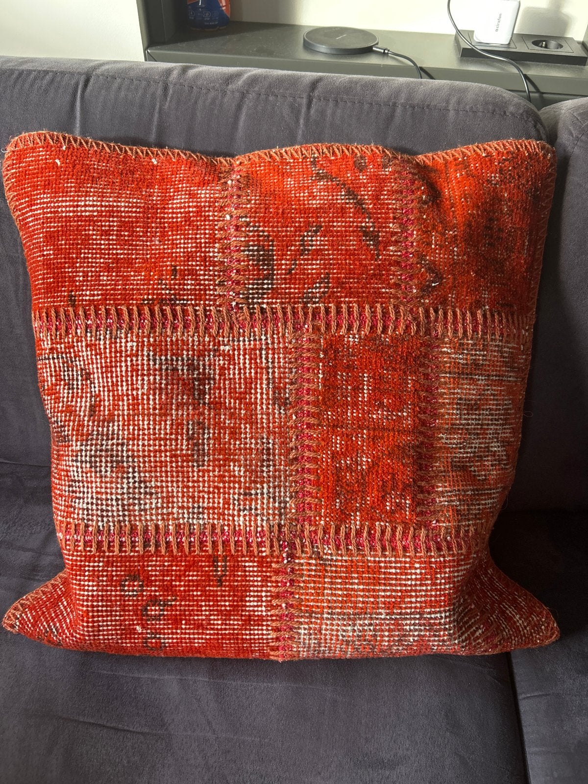 Oranje sierkussen van vintage patchwork kelim-stof, Vierkant, Oranje, Zo goed als nieuw, Sierkussen