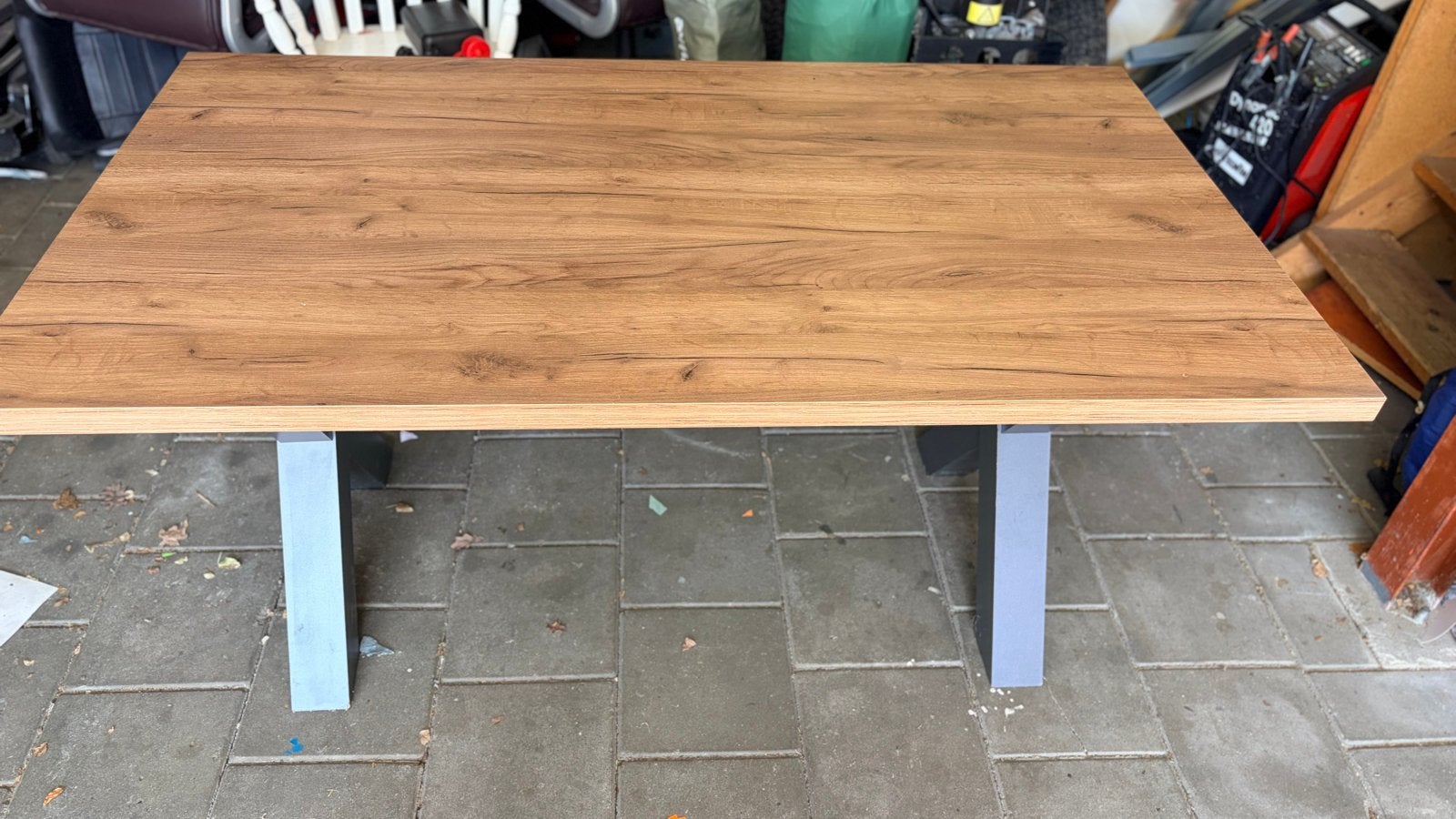 Moderne eettafel met houten blad en houten onderstel, Ophalen, Gebruikt, 100 tot 150 cm, 50 tot 100 cm
