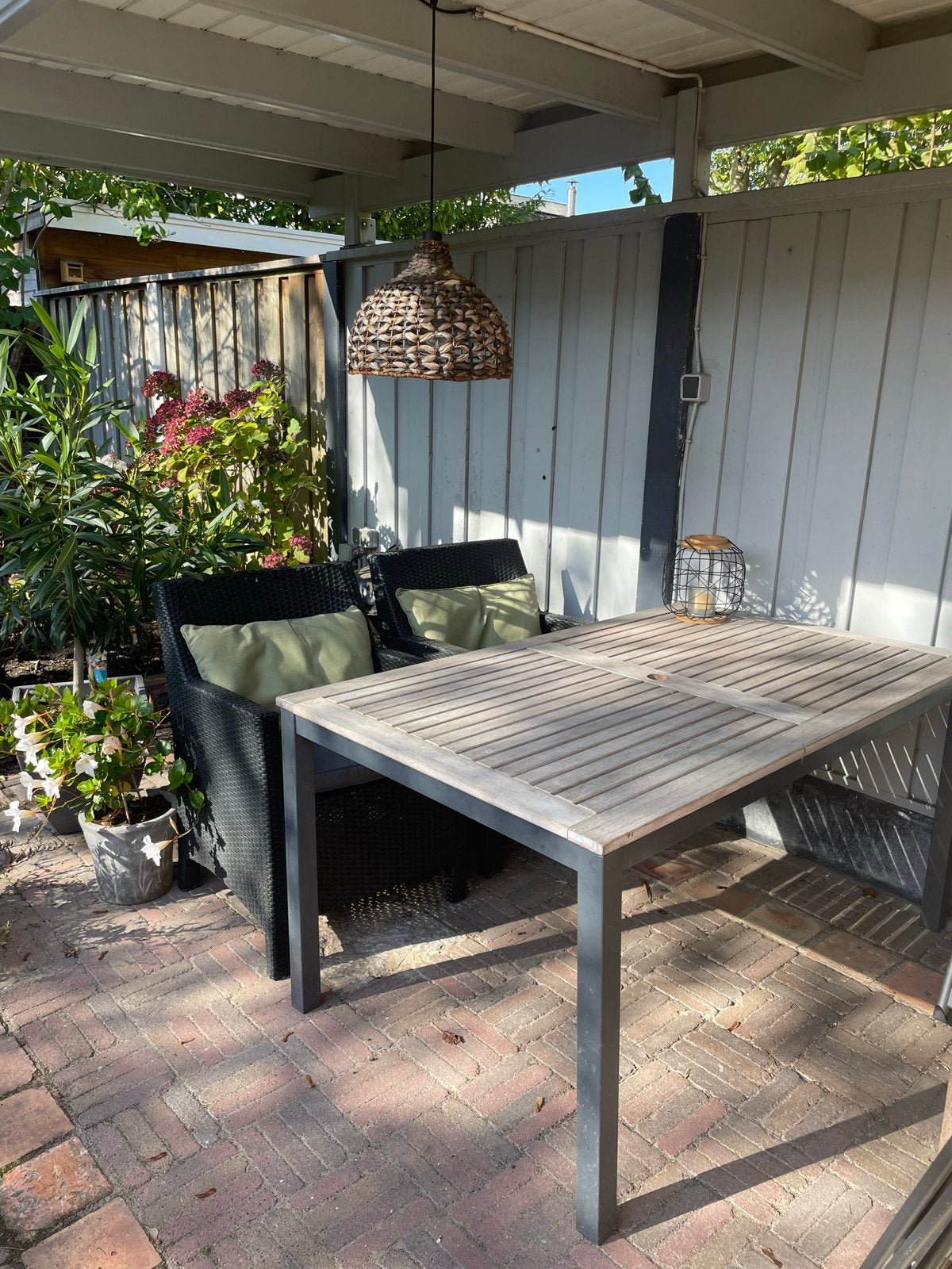 Tuinset: Teakhouten Tafel met 4 Antraciet tuinstoelen, Ophalen, 4 zitplaatsen, Gebruikt, Eettafel