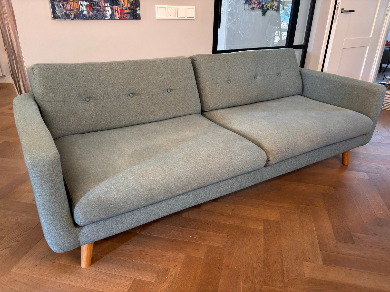 Comfortabele 3-zitsbank in lichtgroene stof, Huis en Inrichting, Ophalen, Gebruikt, Driepersoons, 75 tot 100 cm
