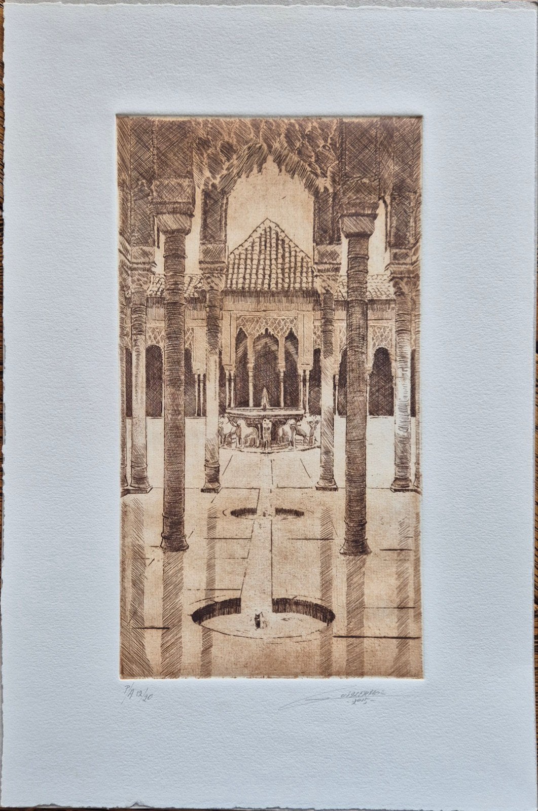 Patio des Leones, Alhambra. Ets 39x26, 26 cm, Architectuur, Genummerd, 2000 tot heden