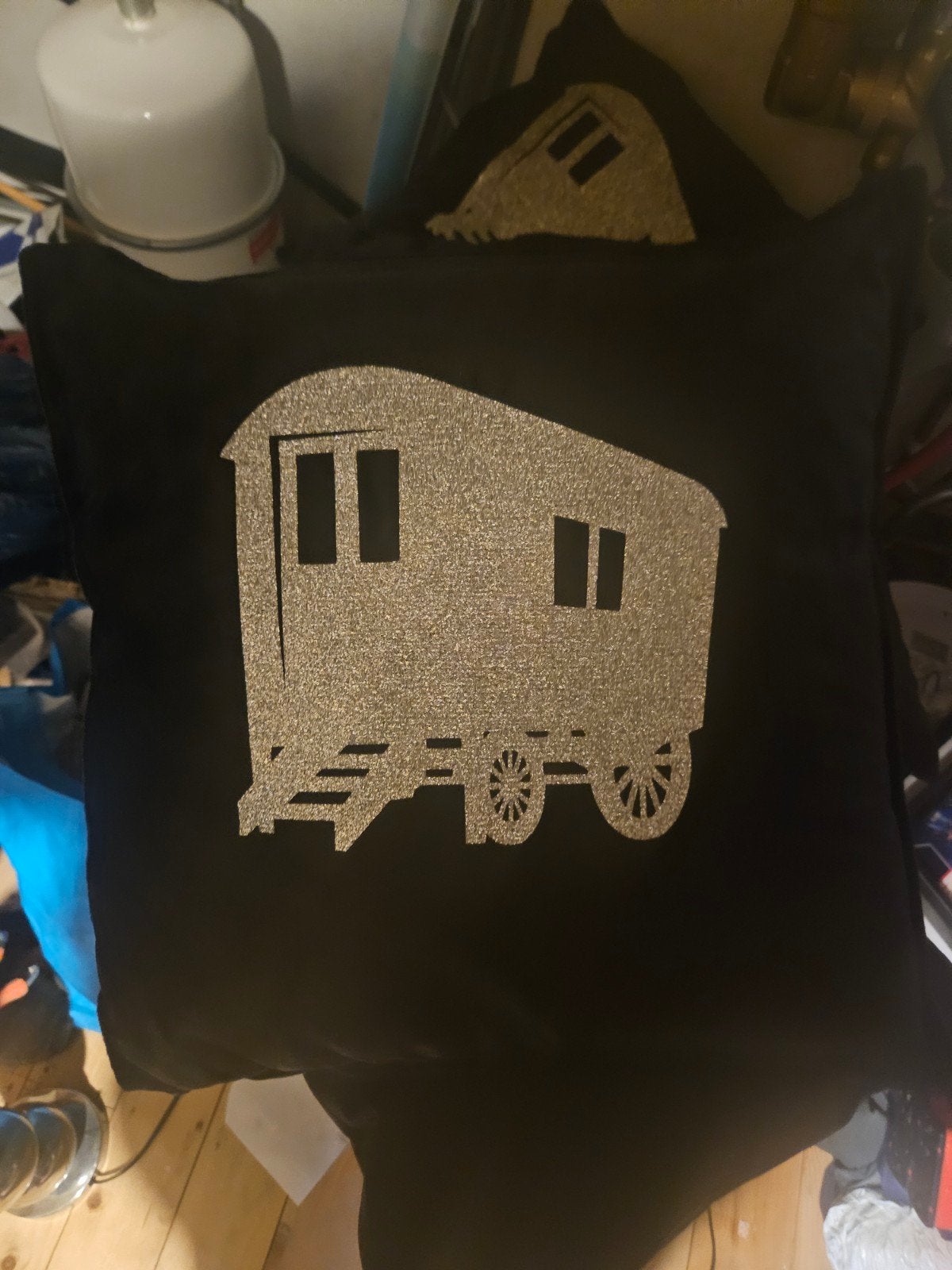 Velvet woonwagen kussen met zilver glitter opdruk nieuw, Huis en Inrichting, Overige merken, Zwart, Met print, Vierkant