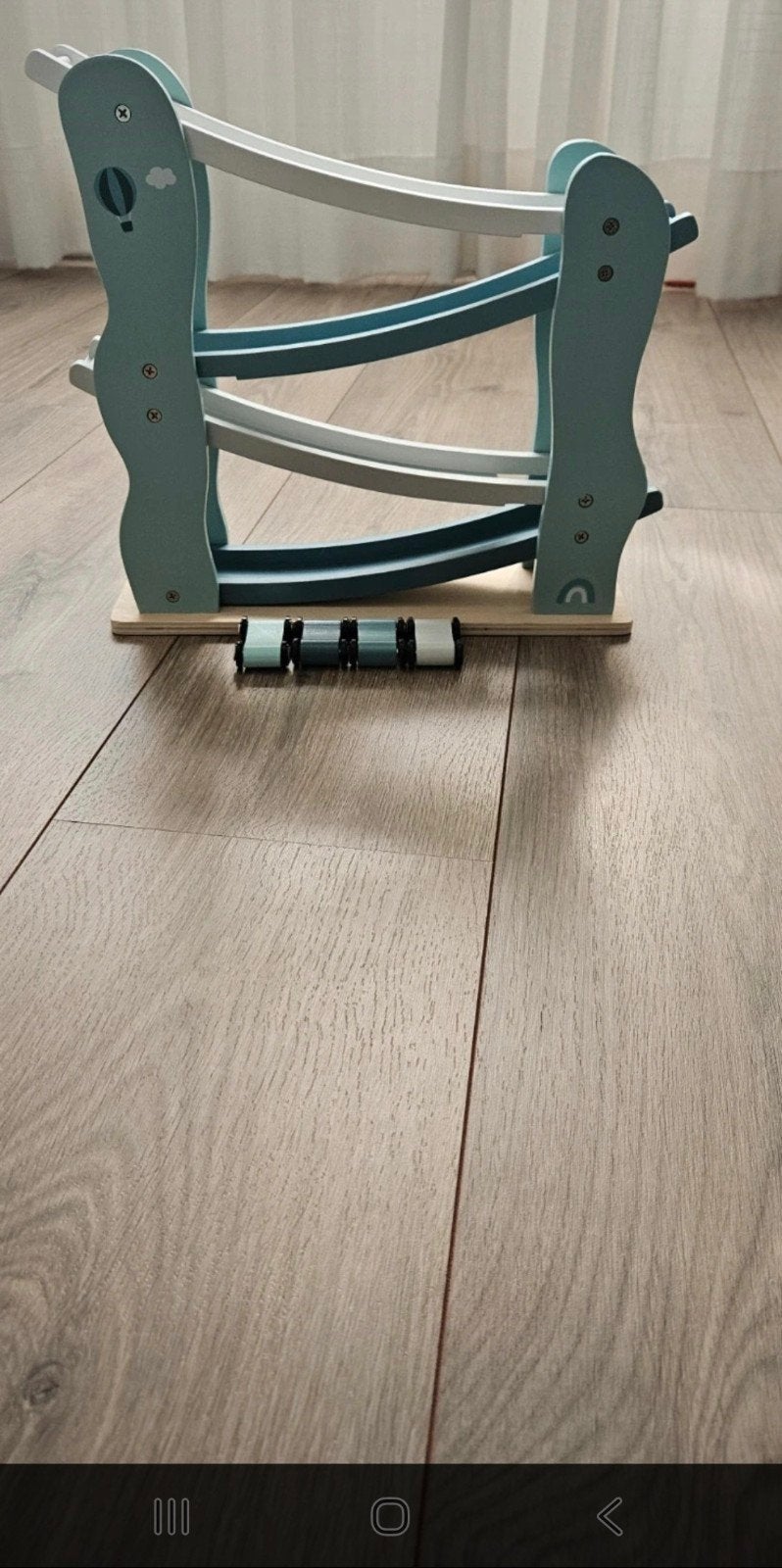 Houten auto rollerbaan met 4 auto's, Ophalen of Verzenden, Zo goed als nieuw