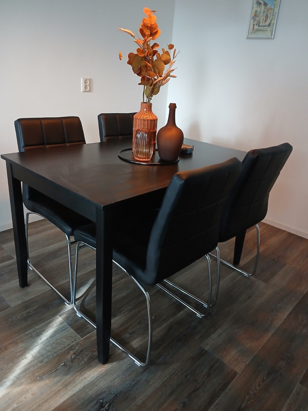 Eettafel met 4 stoelen - Zwart/Chroom, Ophalen, Overige houtsoorten, Gebruikt, 100 tot 150 cm