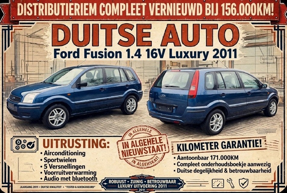 Pracht Ford Fusion 1.4 16V hoge instap! Airco, Sportw. 2011., Voorwielaandrijving, Euro 5, Stof, Blauw