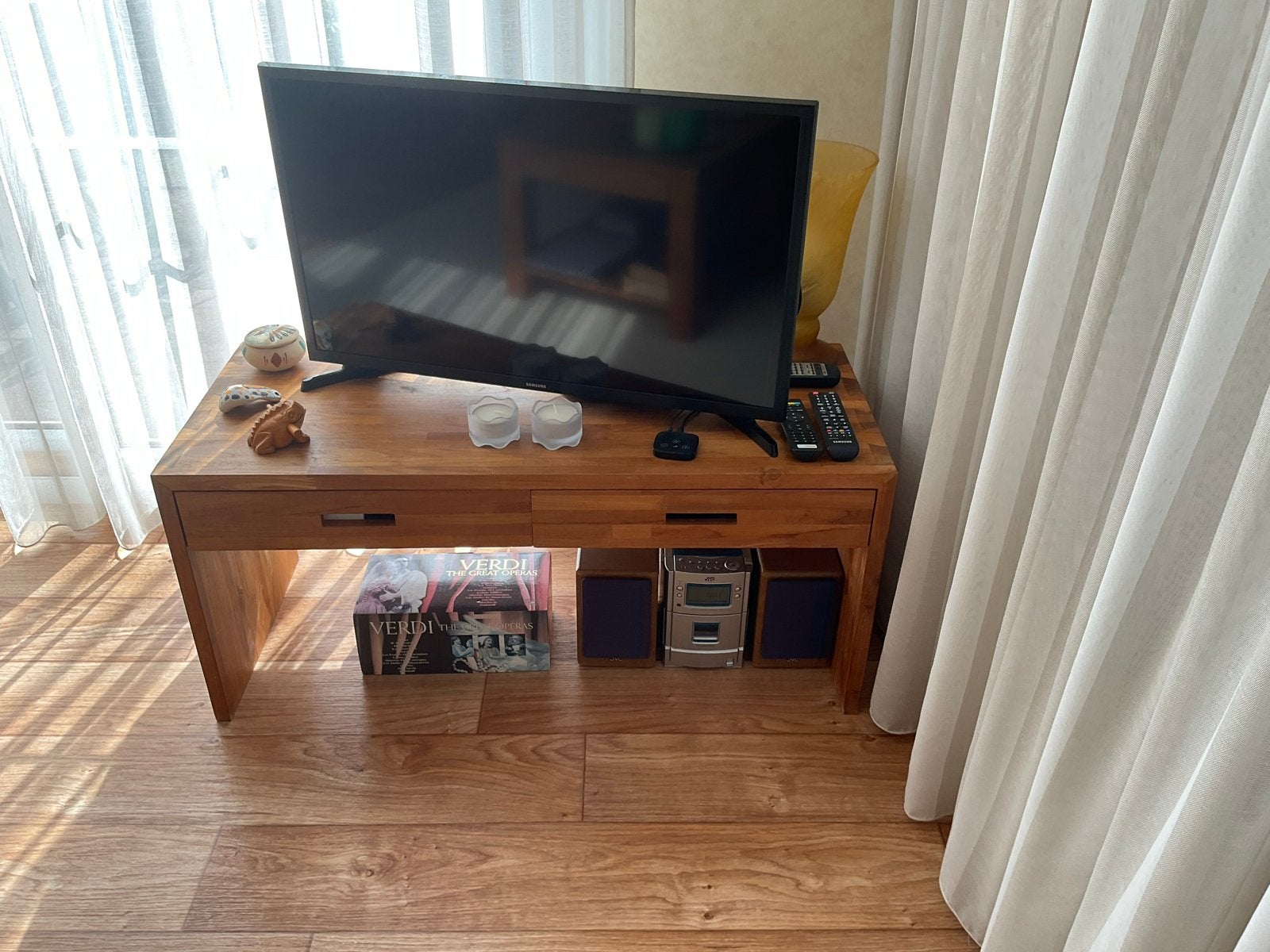 Massief houten tafel met lades. Teakhout., Ophalen, Gebruikt, 50 tot 100 cm, 100 tot 150 cm