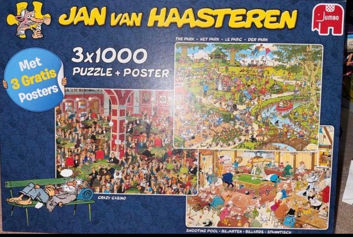 Jan van Haasteren 3x1000 puzzel + 3 gratis posters, Ophalen of Verzenden, 500 t/m 1500 stukjes, Gebruikt, Legpuzzel