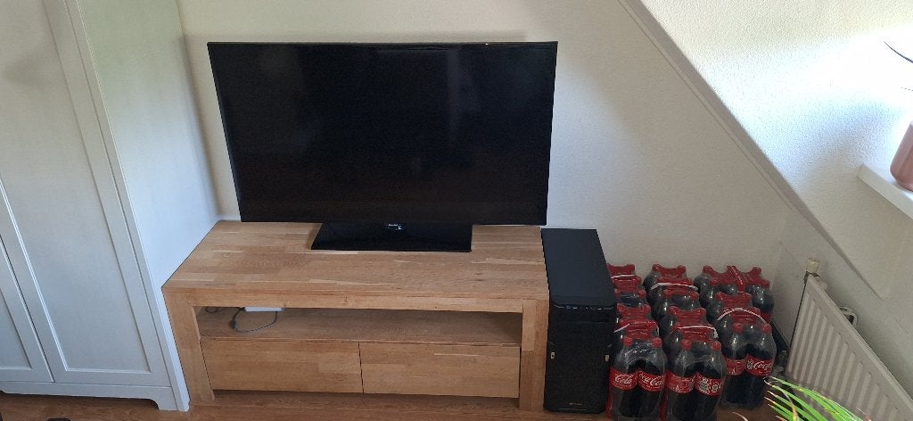 TV meubel, Ophalen, 100 tot 150 cm, Hout, Zo goed als nieuw