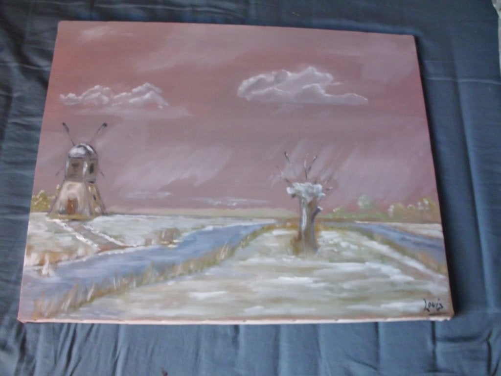 Olieverf, Winter gezicht met molen in de wei ., Antiek en Kunst, Ophalen, Doek, Impressionistisch, Landschap