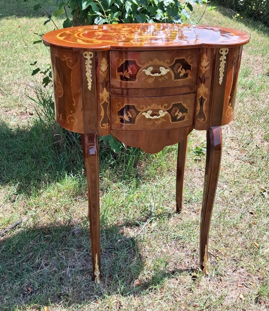 Antieke Franse Louis XV Bijzettafel, Marqueterie & Brons, Ophalen