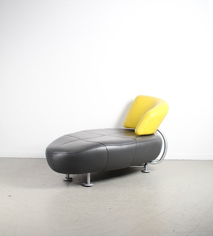 1X Leolux Kikko Chaise Lounge Zwart/Geel – Leer, Niet ingevuld, Niet ingevuld, Leer, Ophalen of Verzenden