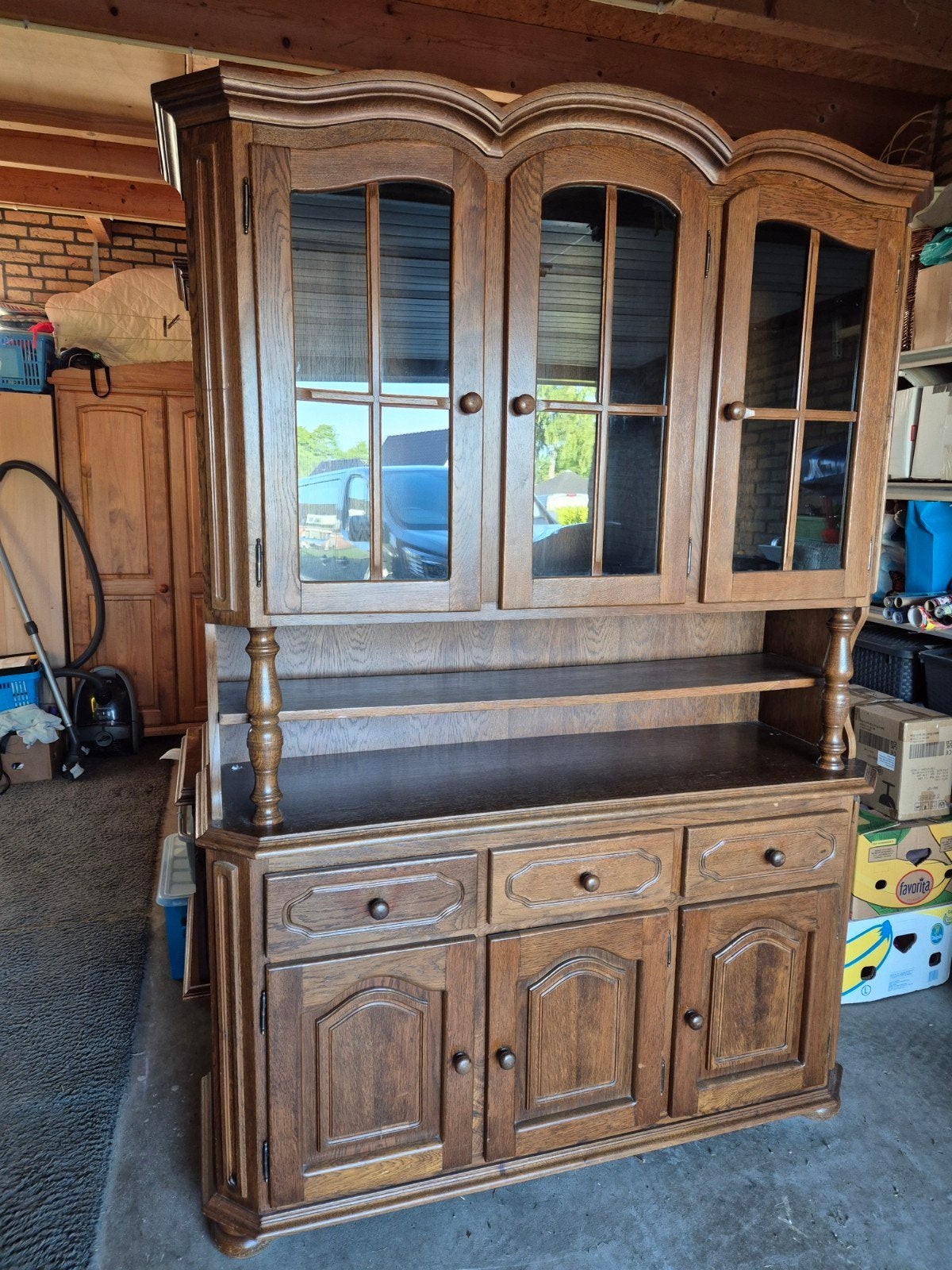 Eikenhouten buffetkast met vitrine en lades, Ophalen, Gebruikt, 200 cm of meer, Eikenhout