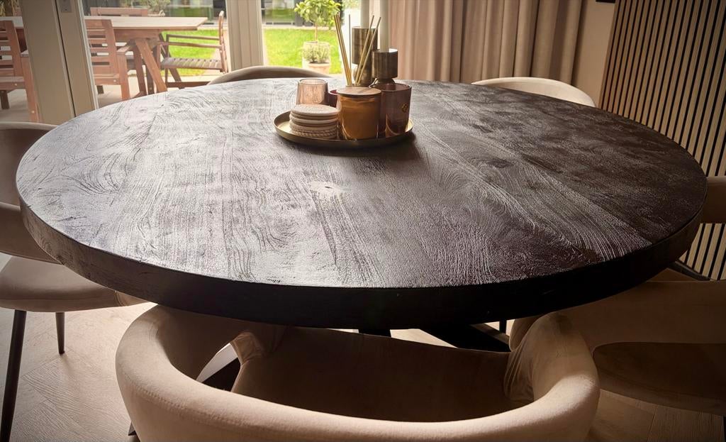 Ronde eettafel 140 cm zo goed als nieuw met metalen poot, Rond, Zo goed als nieuw, Ophalen, Overige houtsoorten