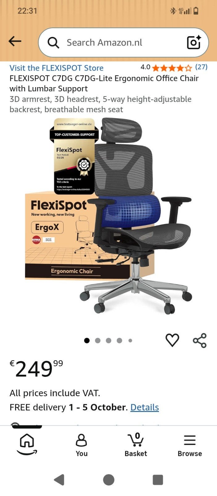 Flexispot C7B-Lite-V2 Ergonomische Bureaustoel Zwart NIEUW, Info.de@flexispot.com, Zwart, Nieuw, Flexispot