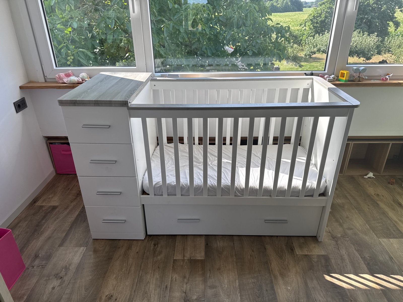 Babybed met lades, verschoonplank en matras, Ophalen, Gebruikt, 70 tot 85 cm, Matras