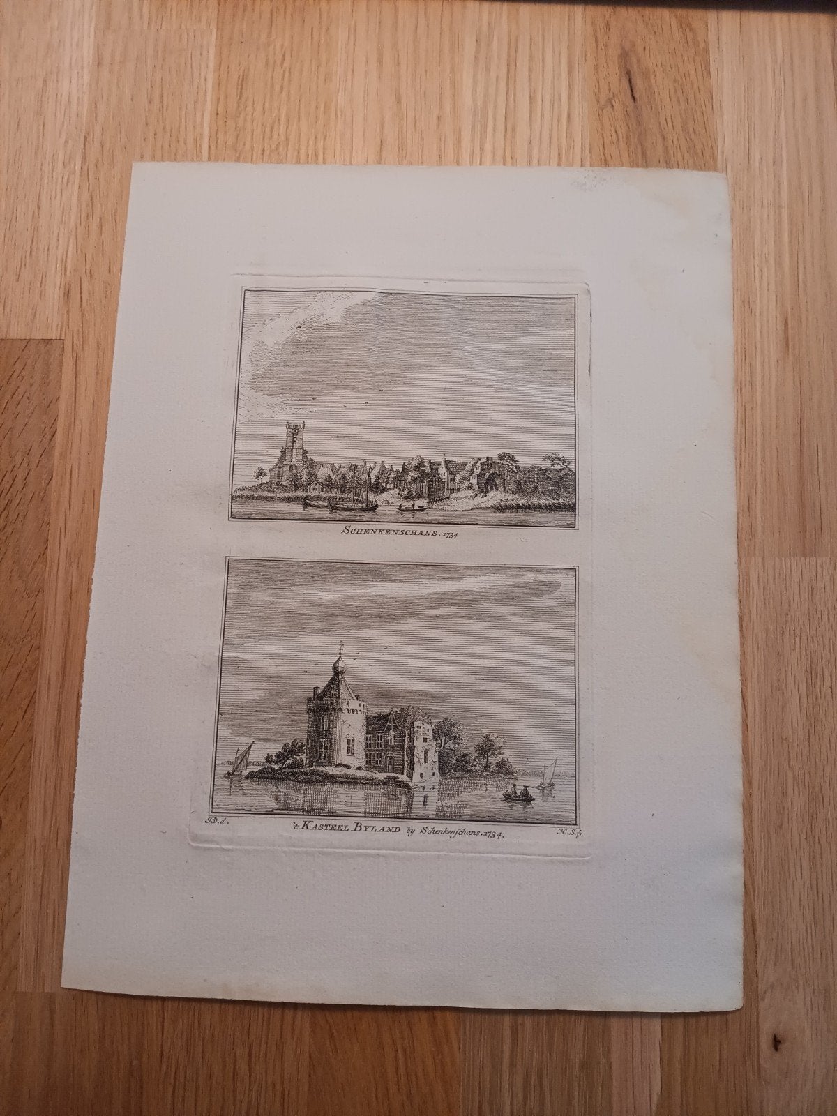 Historische Gravure: Kasteel Byland & Schenkenschans 1734, Met tekst, Architectuur, Ophalen of Verzenden, Gravure