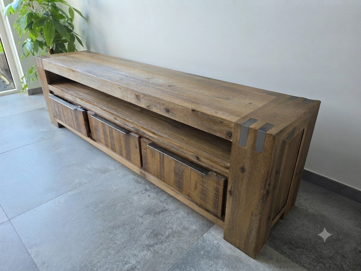 Robuust Teakhouten TV-meubel met Lades. 200x45x58, Huis en Inrichting, Kasten | Televisiemeubels, Ophalen, Modern, Industrieel, Landelijk