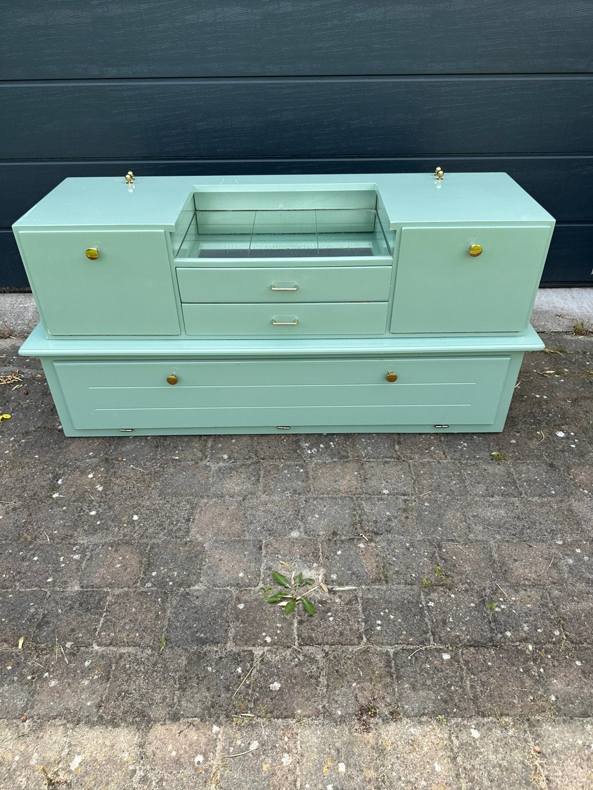 Vintage dressoir, 2 delig met lades, klep kastjes en spiegel, Ophalen, Gebruikt, Vintage